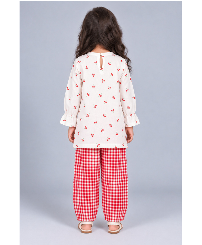 Kevora Apparels Girls’ Cherry Print Kurta with Gingham Wide-Leg Pants Co-Ord Set - White & Red