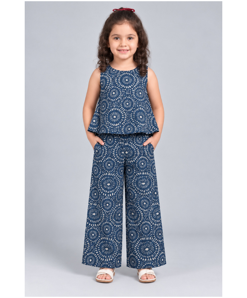 Kevora Apparels Girls’ Printed Sleeveless Peplum Top with Wide-Leg Palazzo Co-Ord Set - Navy Blue