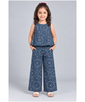 Kevora Apparels Girls’ Printed Sleeveless Peplum Top with Wide-Leg Palazzo Co-Ord Set - Navy Blue