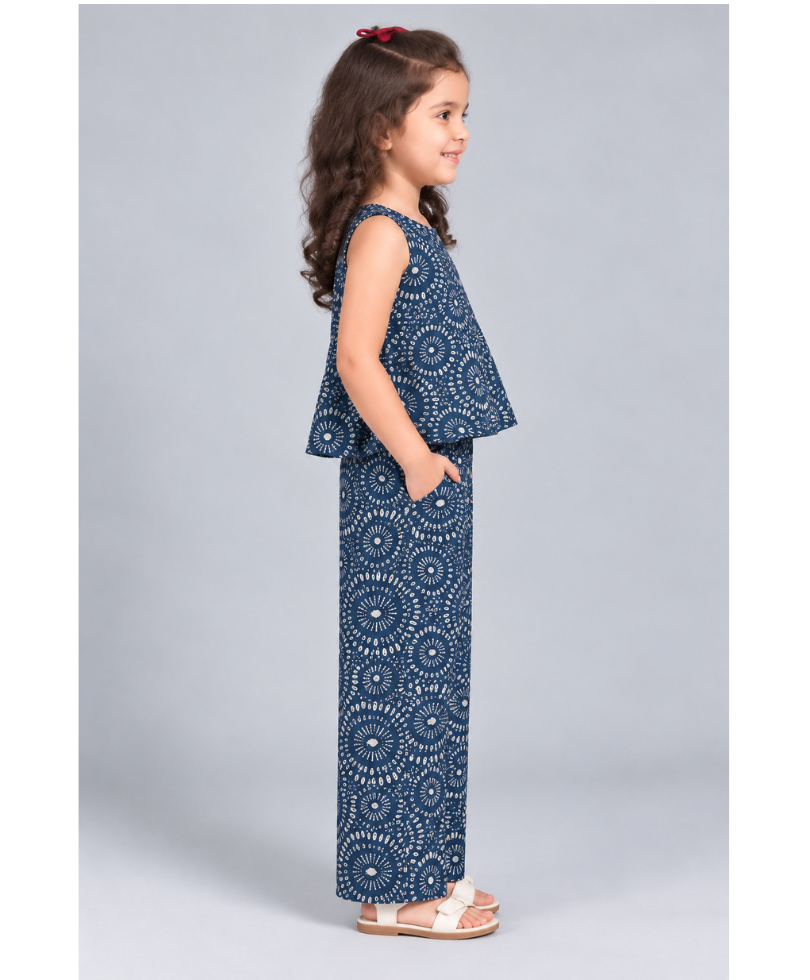 Kevora Apparels Girls’ Printed Sleeveless Peplum Top with Wide-Leg Palazzo Co-Ord Set - Navy Blue