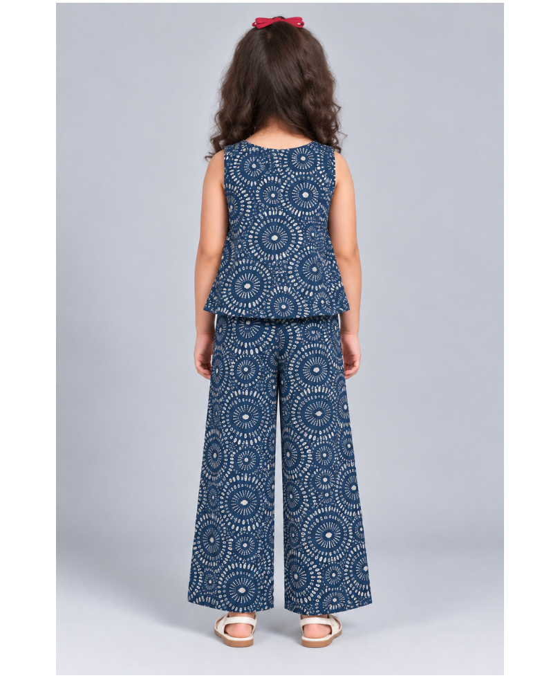 Kevora Apparels Girls’ Printed Sleeveless Peplum Top with Wide-Leg Palazzo Co-Ord Set - Navy Blue
