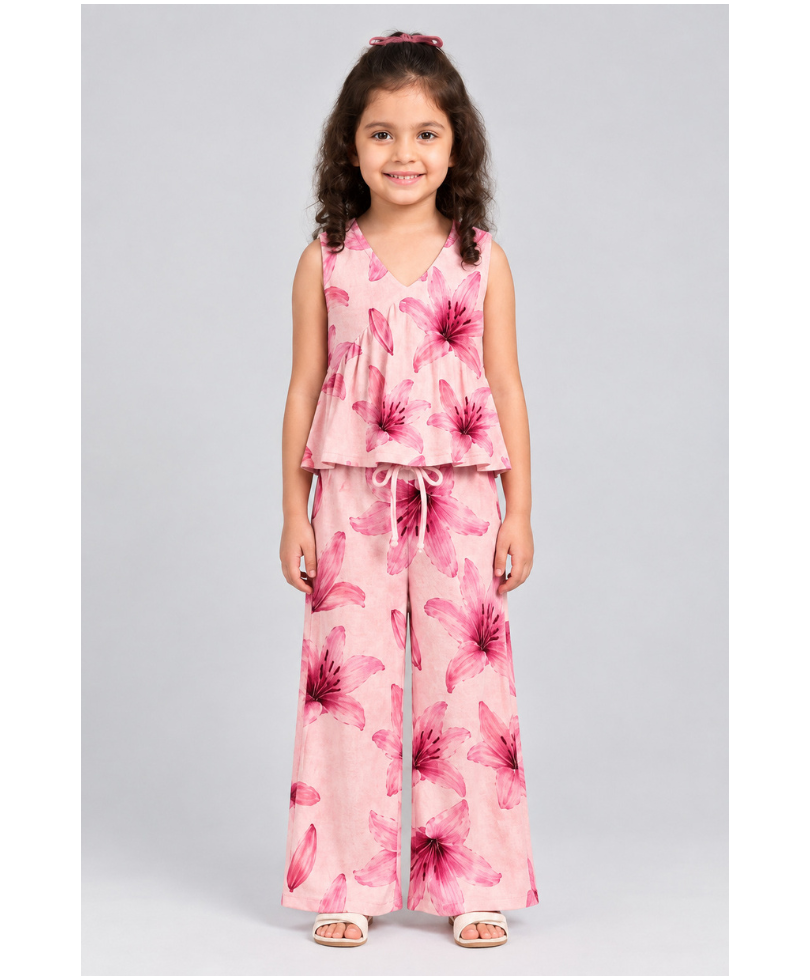 Kevora Apparels Girls’ Printed V-Neck Peplum Top with Wide-Leg Pants Co-Ord Set - Pink