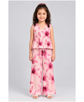 Kevora Apparels Girls’ Printed V-Neck Peplum Top with Wide-Leg Pants Co-Ord Set - Pink