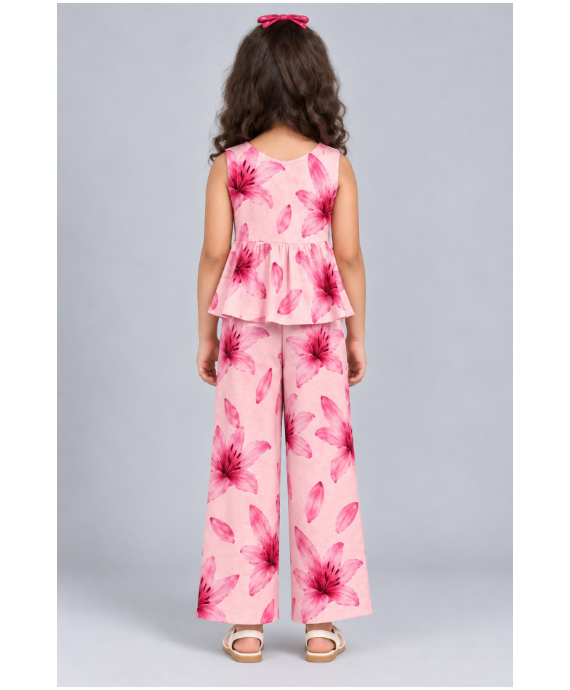 Kevora Apparels Girls’ Printed V-Neck Peplum Top with Wide-Leg Pants Co-Ord Set - Pink