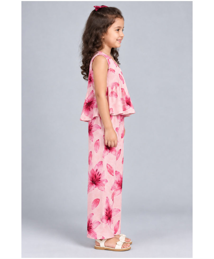 Kevora Apparels Girls’ Printed V-Neck Peplum Top with Wide-Leg Pants Co-Ord Set - Pink