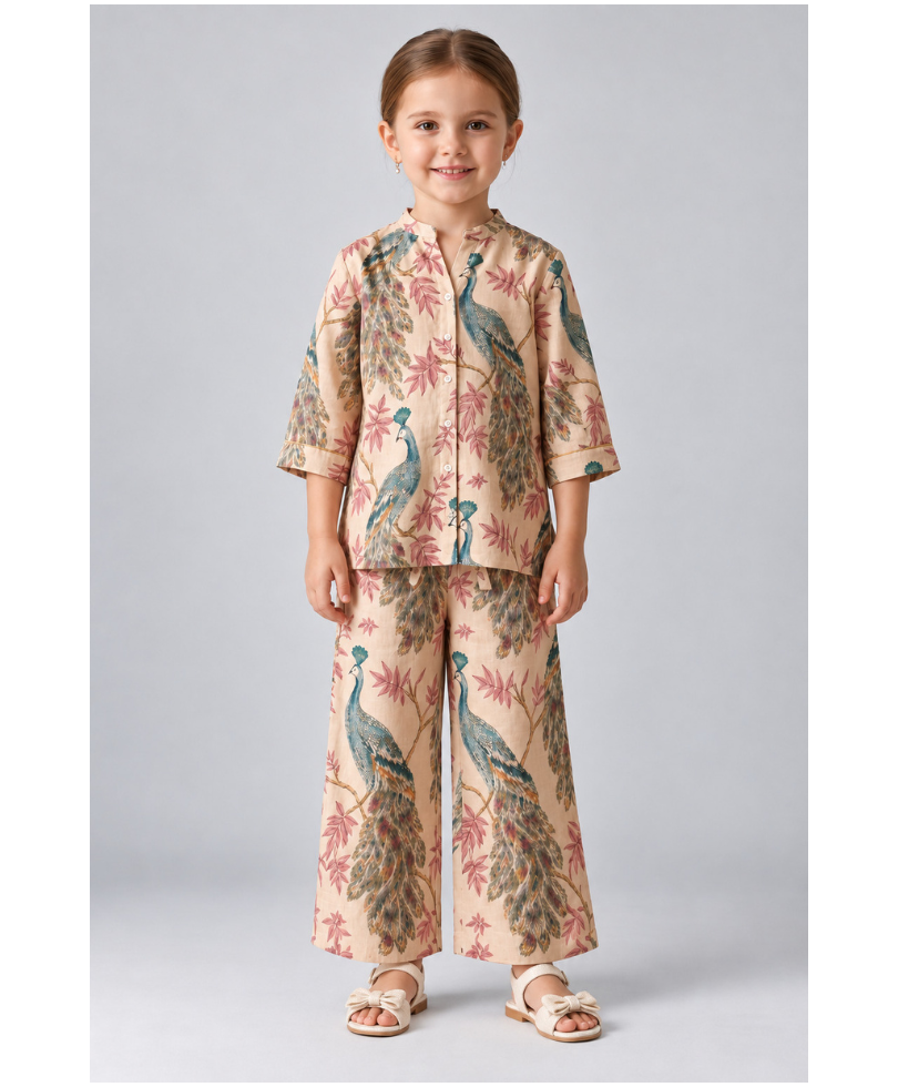 Kevora Apparels Girls’ Printed Mandarin Collar Shirt with Wide-Leg Pants Co-Ord Set - Peach