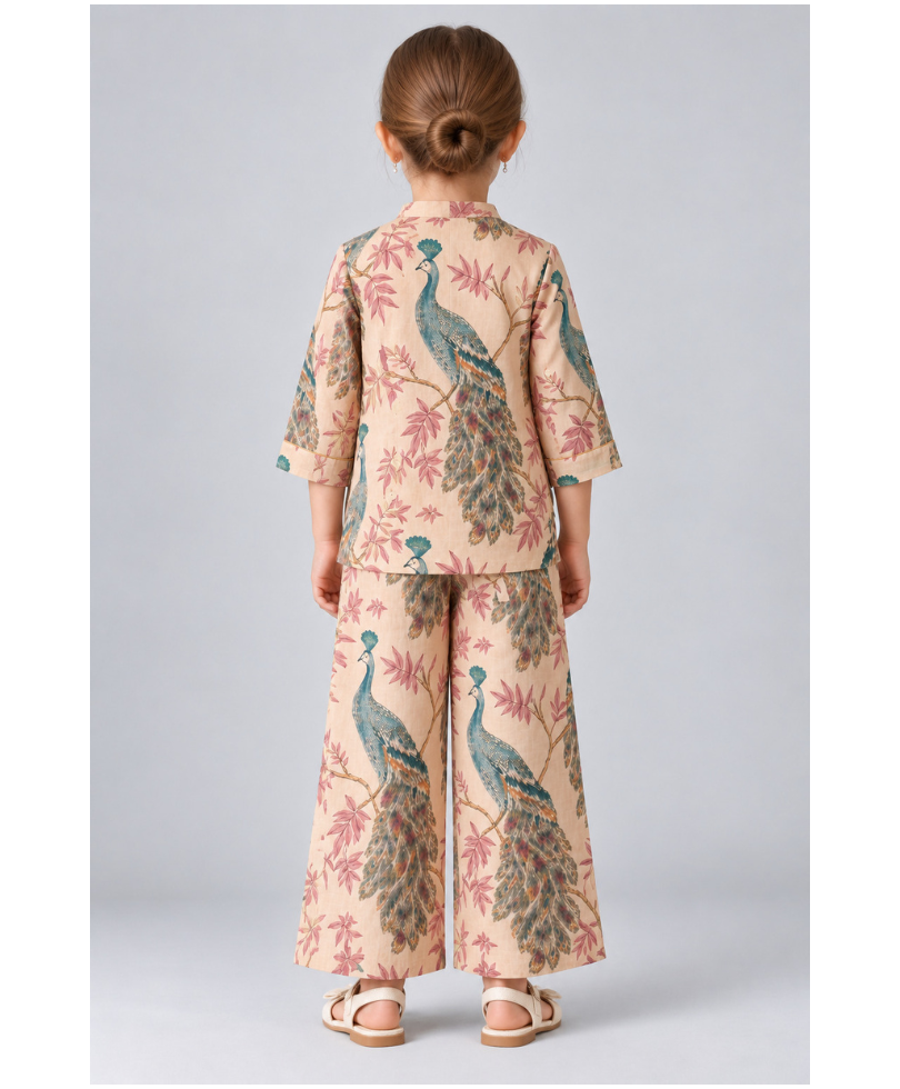 Kevora Apparels Girls’ Printed Mandarin Collar Shirt with Wide-Leg Pants Co-Ord Set - Peach
