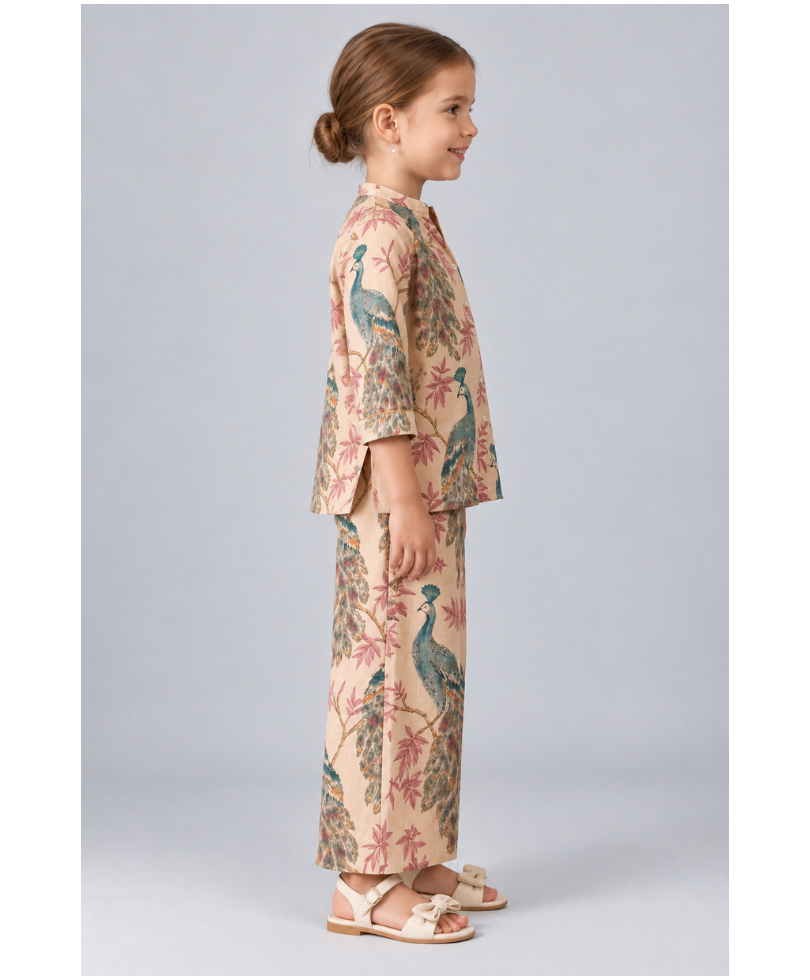 Kevora Apparels Girls’ Printed Mandarin Collar Shirt with Wide-Leg Pants Co-Ord Set - Peach