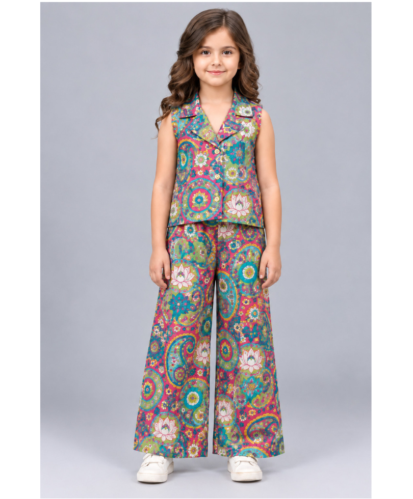 Girls’ Printed Sleeveless Collared Peplum Top with Wide-Leg Pants Co-Ord Set - Multicolour