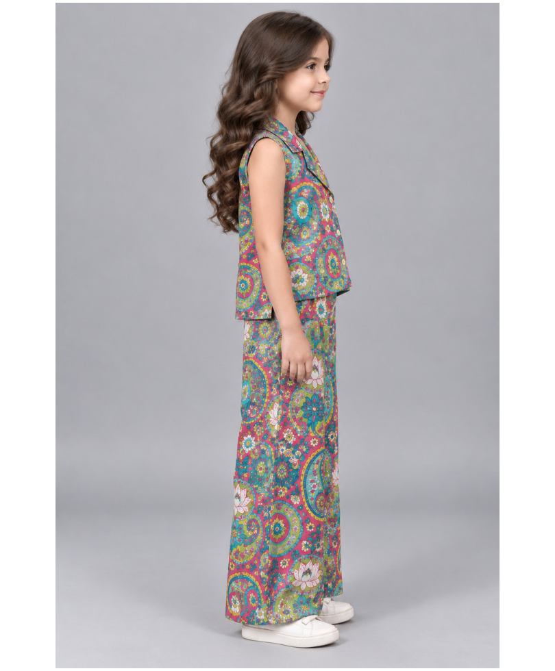 Girls’ Printed Sleeveless Collared Peplum Top with Wide-Leg Pants Co-Ord Set - Multicolour