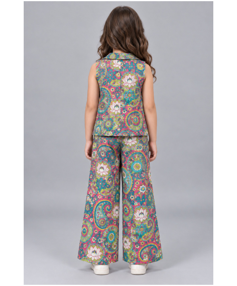 Girls’ Printed Sleeveless Collared Peplum Top with Wide-Leg Pants Co-Ord Set - Multicolour