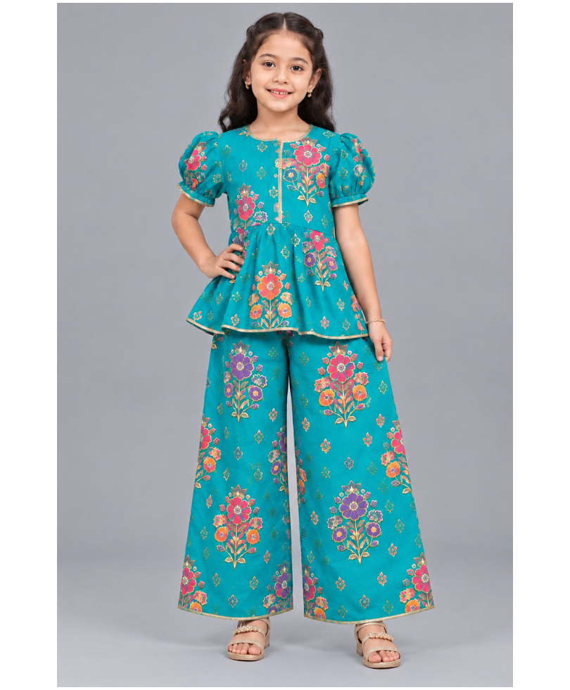 Girls’ Printed Puff Sleeve Peplum Top with Wide-Leg Pants Co-Ord Set - Turquoise