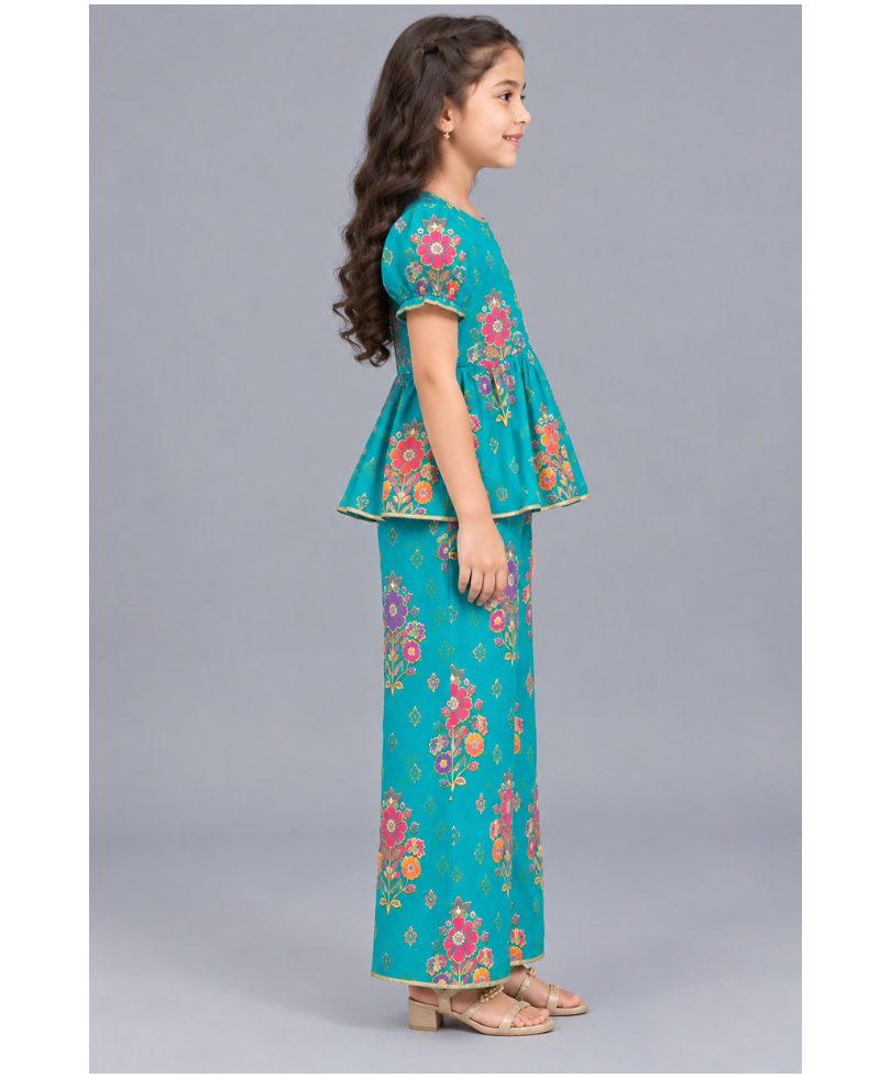 Girls’ Printed Puff Sleeve Peplum Top with Wide-Leg Pants Co-Ord Set - Turquoise