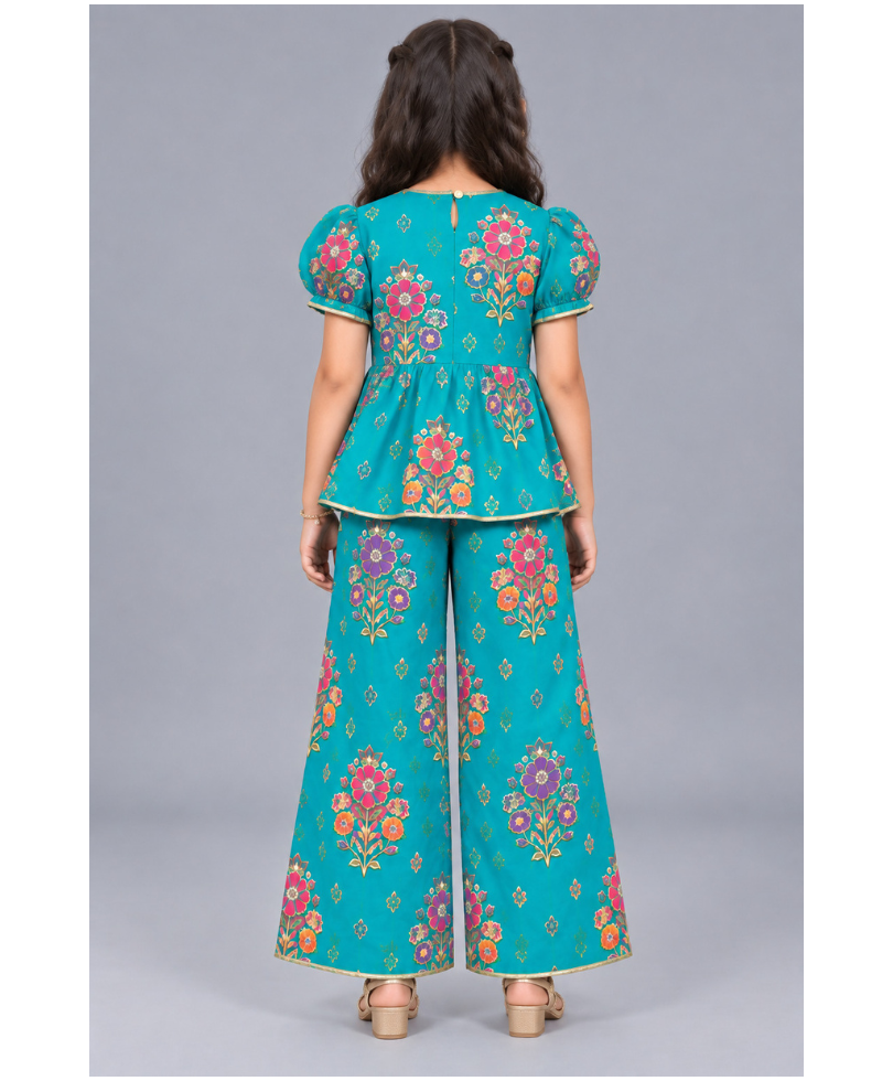 Girls’ Printed Puff Sleeve Peplum Top with Wide-Leg Pants Co-Ord Set - Turquoise