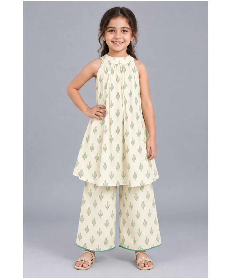 Girls’ Printed Halter Neck Flared Kurta with Wide-Leg Pants Co-Ord Set - Cream