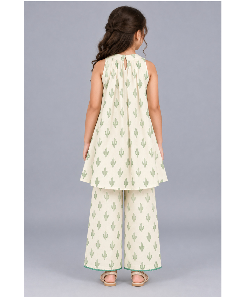 Girls’ Printed Halter Neck Flared Kurta with Wide-Leg Pants Co-Ord Set - Cream