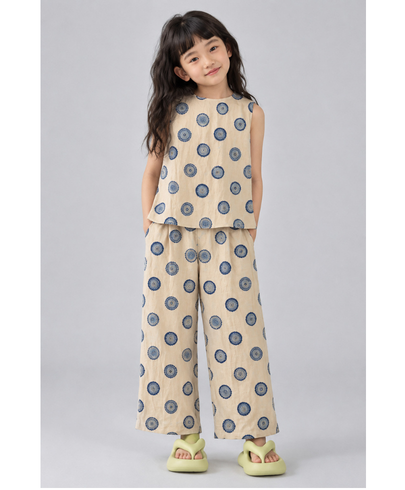 Girls’ Printed Sleeveless Round Neck Peplum Top with Wide-Leg Pants Co-Ord Set - Beige