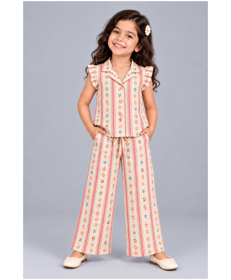 Kevora Apparels Girls’ Striped Printed Shirt Collar Co-Ord Set with Wide-Leg Palazzo - Multicolor