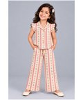 Kevora Apparels Girls’ Striped Printed Shirt Collar Co-Ord Set with Wide-Leg Palazzo - Multicolor