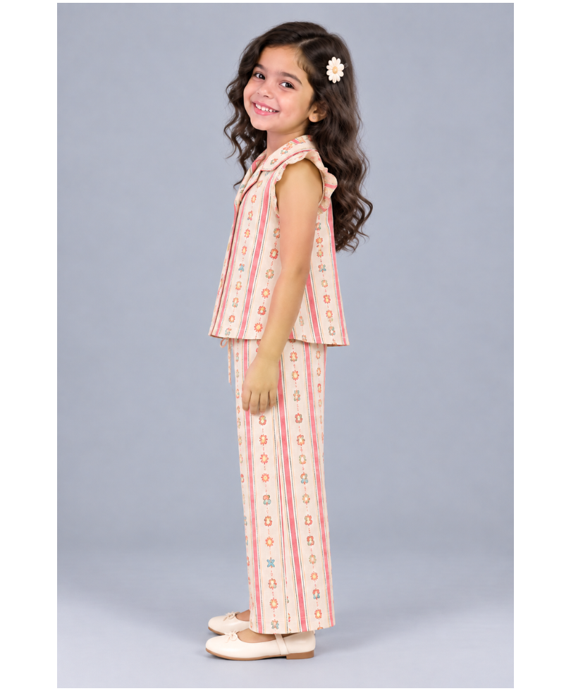 Kevora Apparels Girls’ Striped Printed Shirt Collar Co-Ord Set with Wide-Leg Palazzo - Multicolor
