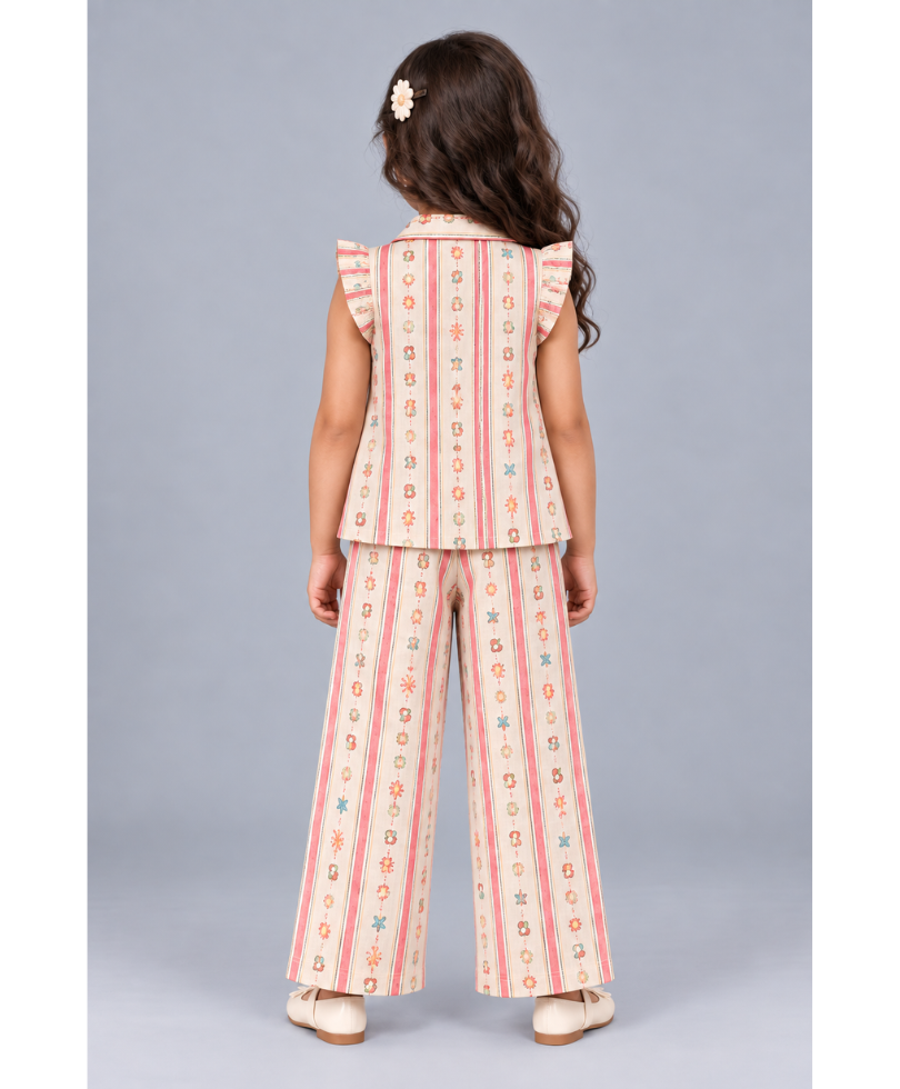 Kevora Apparels Girls’ Striped Printed Shirt Collar Co-Ord Set with Wide-Leg Palazzo - Multicolor