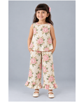 Kevora Apparels Girls’ Floral Printed Sleeveless Top with Ruffle-Hem Palazzo Set - Cream