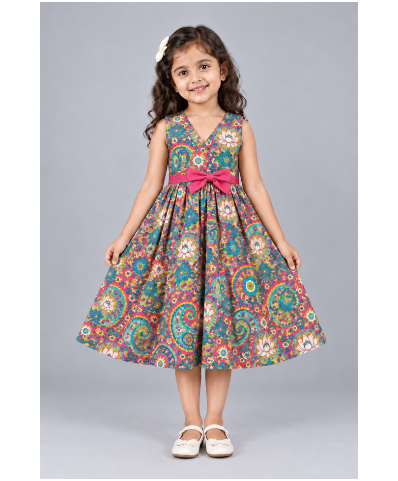 Kevora Apparels Girls’ Printed V-Neck Fit & Flare Dress with Contrast Bow - Multicolor