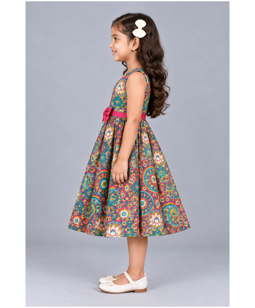 Kevora Apparels Girls’ Printed V-Neck Fit & Flare Dress with Contrast Bow - Multicolor