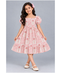 Kevora Apparels Girls’ Printed Puff Sleeve Fit & Flare Dress - Pink