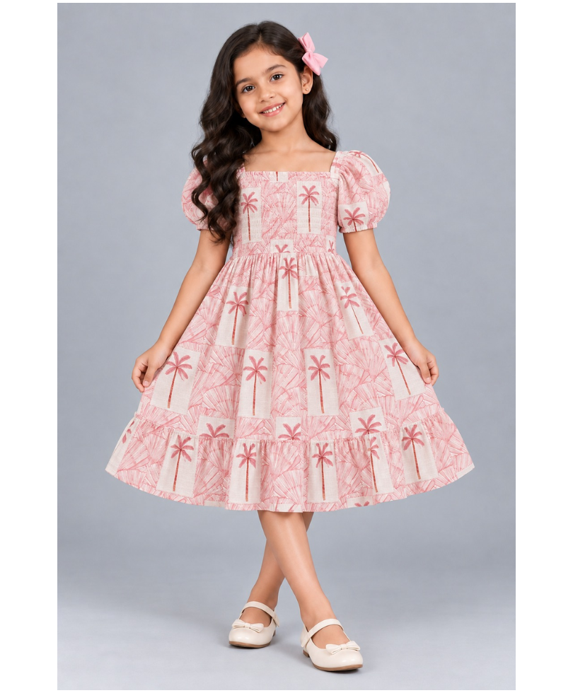 Kevora Apparels Girls’ Printed Puff Sleeve Fit & Flare Dress - Pink