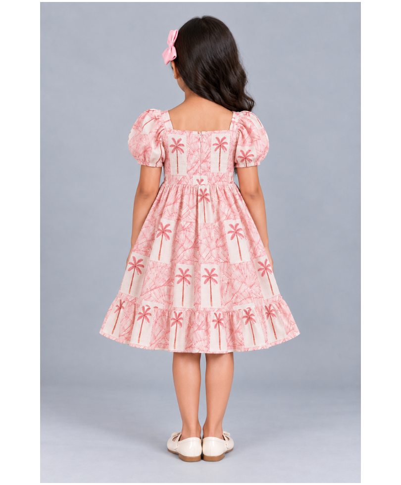 Kevora Apparels Girls’ Printed Puff Sleeve Fit & Flare Dress - Pink