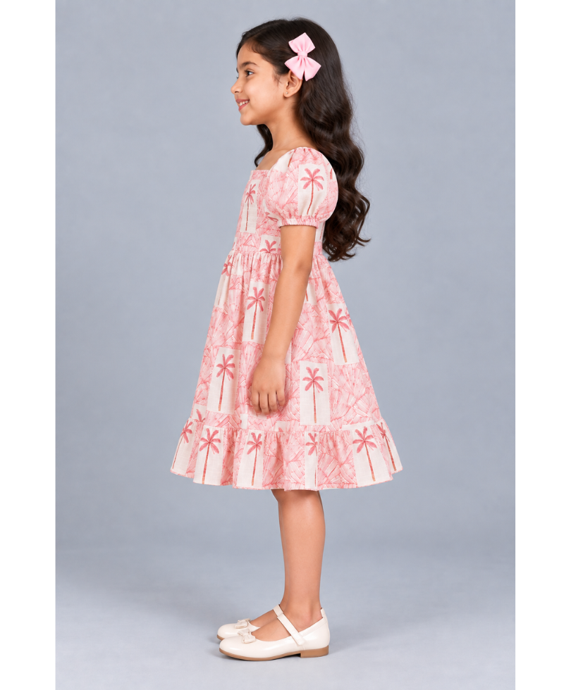 Kevora Apparels Girls’ Printed Puff Sleeve Fit & Flare Dress - Pink