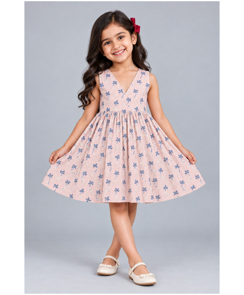 Kevora Apparels Girls’ Printed V-Neck Fit & Flare Dress - Pink