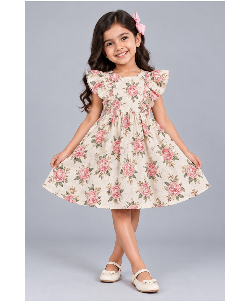 Kevora Apparels Girls’ Floral Printed Fit & Flare Dress with Ruffle Sleeves - Cream