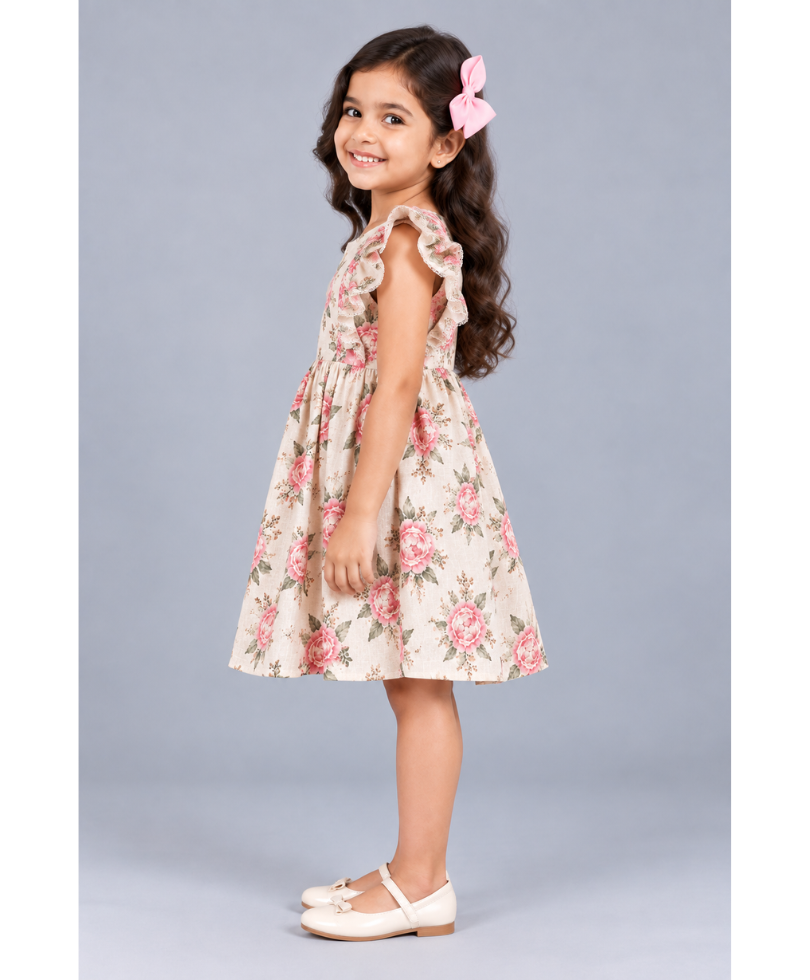 Kevora Apparels Girls’ Floral Printed Fit & Flare Dress with Ruffle Sleeves - Cream