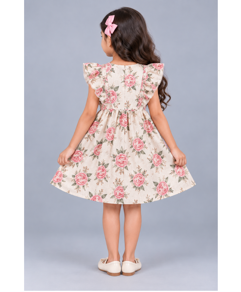 Kevora Apparels Girls’ Floral Printed Fit & Flare Dress with Ruffle Sleeves - Cream