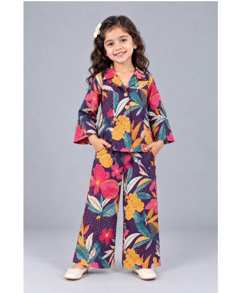 Kevora Apparels Girls’ Printed Floral Shirt Collar Co-Ord Set with Wide-Leg Palazzo - Multicolor