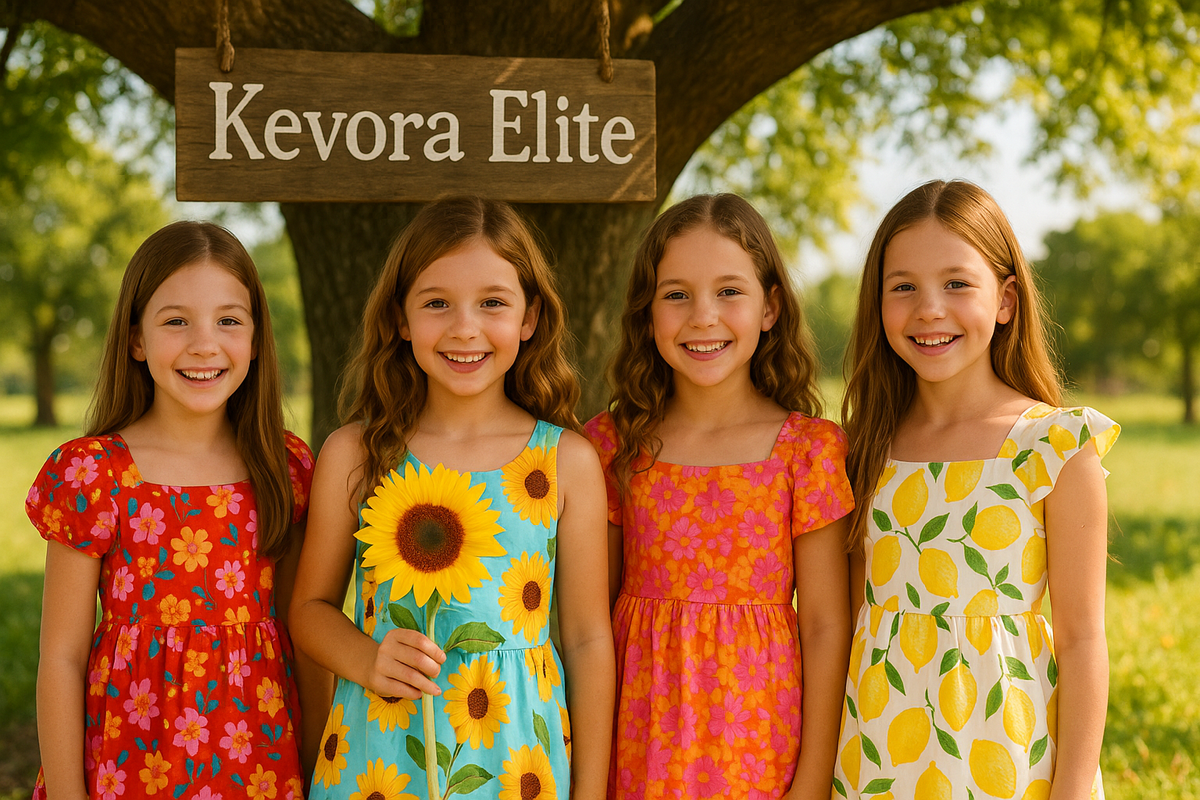 create a banner image in girls printed dresses  there are 4 girls in sunlightbackground in which one girl is holding sunflower and there is tree with board hanging and Written Kevora Elite