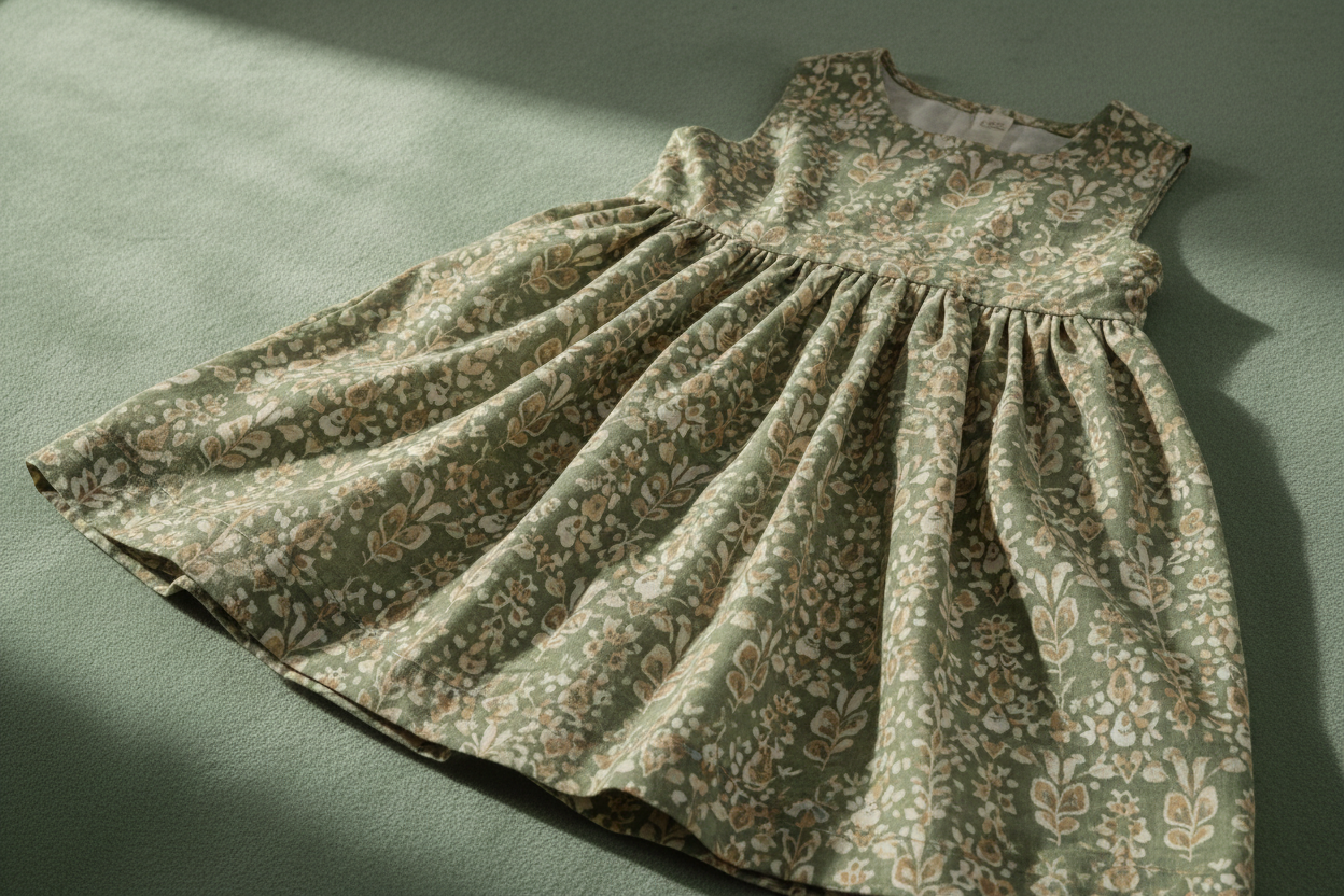 Create a minimal, premium lifestyle image for Kevora Apparel focusing on cotton fabric texture.
Scene: A printed cotton kids dress laid flat on a soft sage green surface.
Natural folds and creases visible, fabric looks airy and breathable.
Lighting: Soft natural window light from the side.
Color palette: Muted greens, ivory, beige.
Mood: Calm, tactile, handcrafted.
Style: Editorial textile photography, minimal composition.
Aspect ratio: 4:3.
No people, no props, no bright colors.