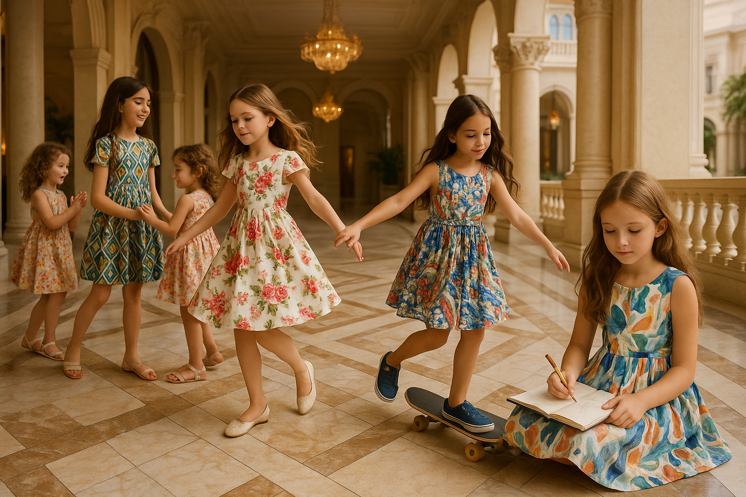 Generate a image in premium luxurious place will girls kids are wearing printed dresses some of them are playing some of them are danceing some of them are skateing and some of them are sketching