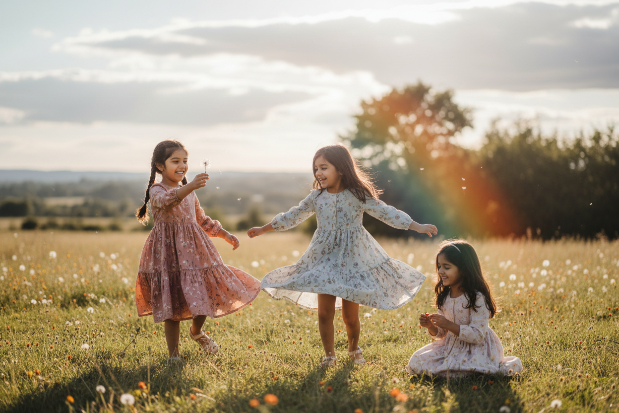 Ultra-realistic lifestyle photograph for a premium kidswear brand. Indian girl models aged 5–8 playing together outdoors. Subtle rainbow mood using soft pastels and warm earthy colors. No neon tones. Lightweight cotton dresses with minimal prints. Unposed play, flowing fabric. Natural daylight